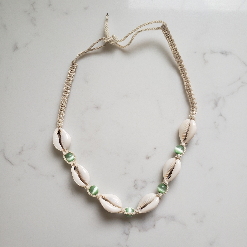 Y2K vintage cowrie shell woven macrame cord choker necklace​ green cat eye beads